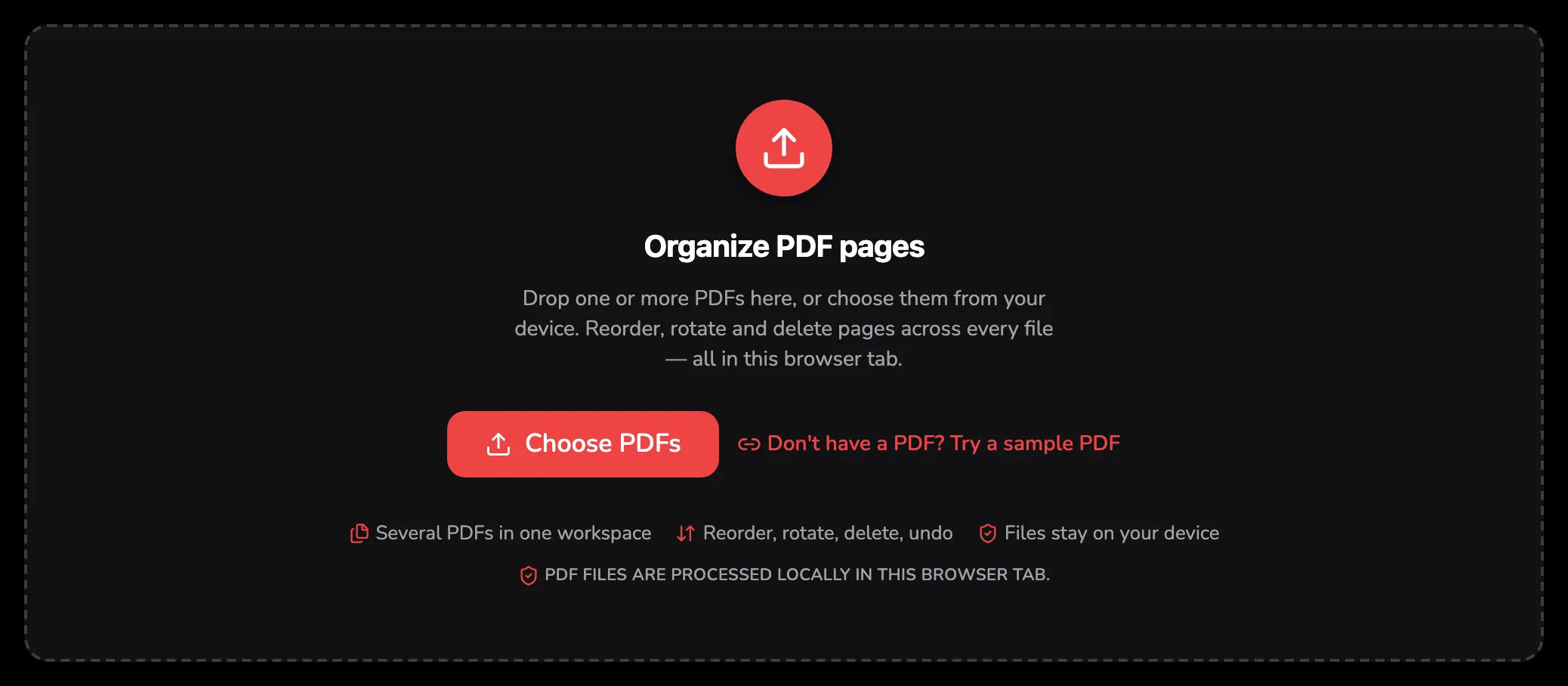 The Organize PDF drop area, with marker 1 on the Choose PDFs button and marker 2 on the sample PDF link beside it.