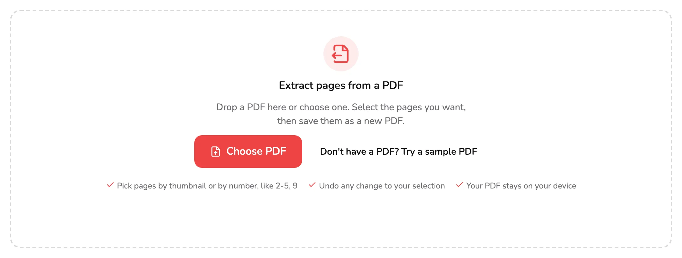 The Extract PDF Pages drop area, with marker 1 on the Choose PDF button and marker 2 on the sample PDF link beside it.