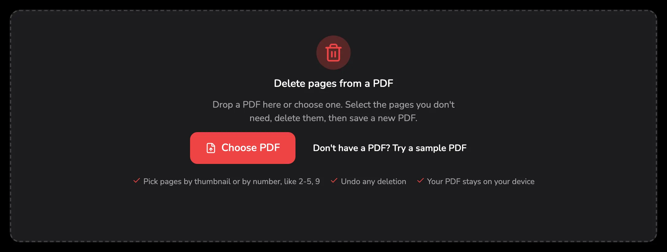 The Delete PDF Pages drop area, with marker 1 on the Choose PDF button and marker 2 on the sample PDF link beside it.