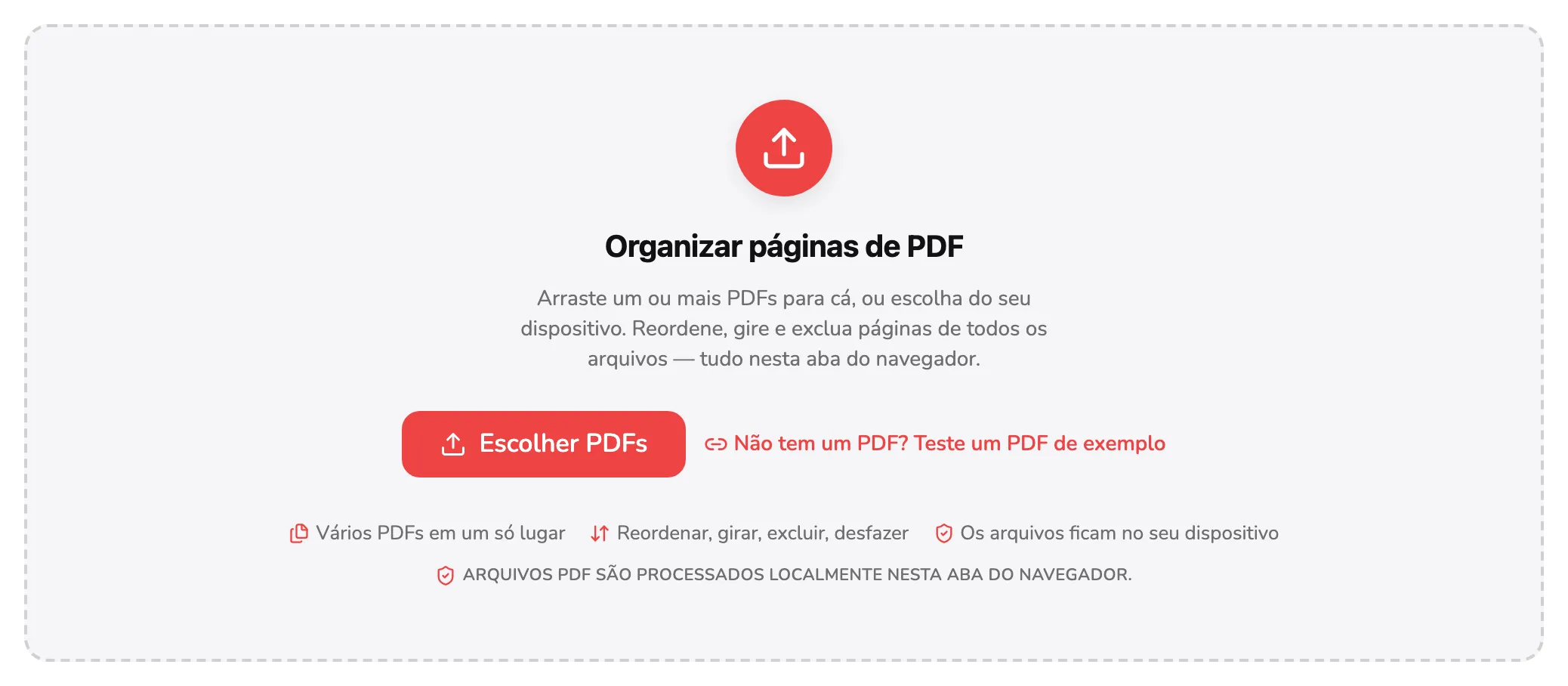 A área de soltar do Organizar PDF, com o marcador 1 no botão Escolher PDFs e o marcador 2 no link do PDF de exemplo ao lado.