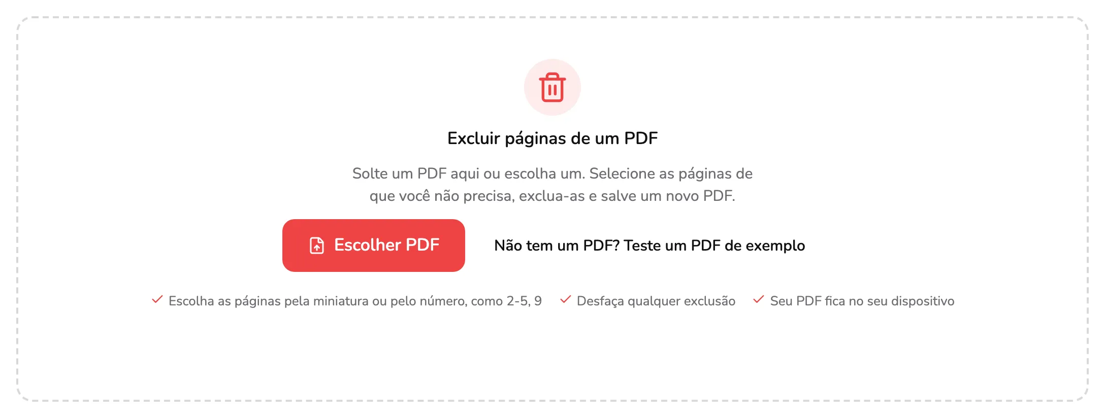 A área para soltar arquivos do Excluir páginas do PDF, com o marcador 1 no botão Escolher PDF e o marcador 2 no link do PDF de exemplo ao lado.