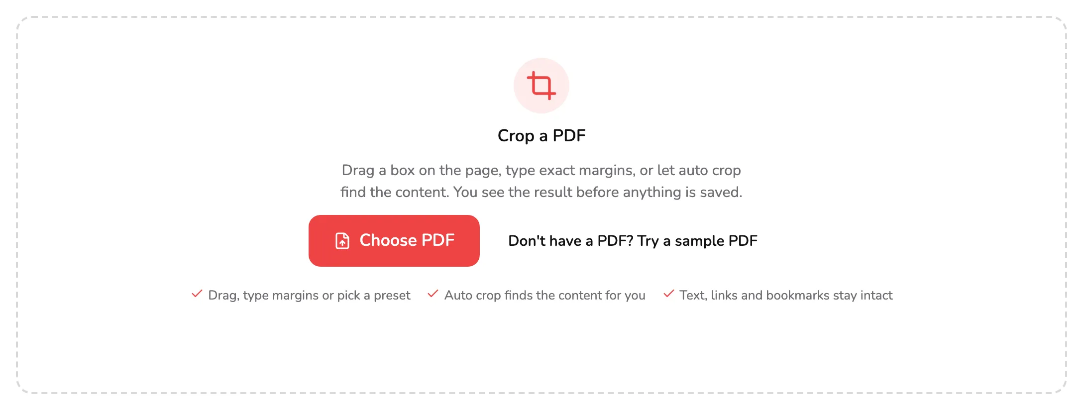 The Crop PDF drop area, with marker 1 on the Choose PDF button and marker 2 on the sample PDF link beside it.
