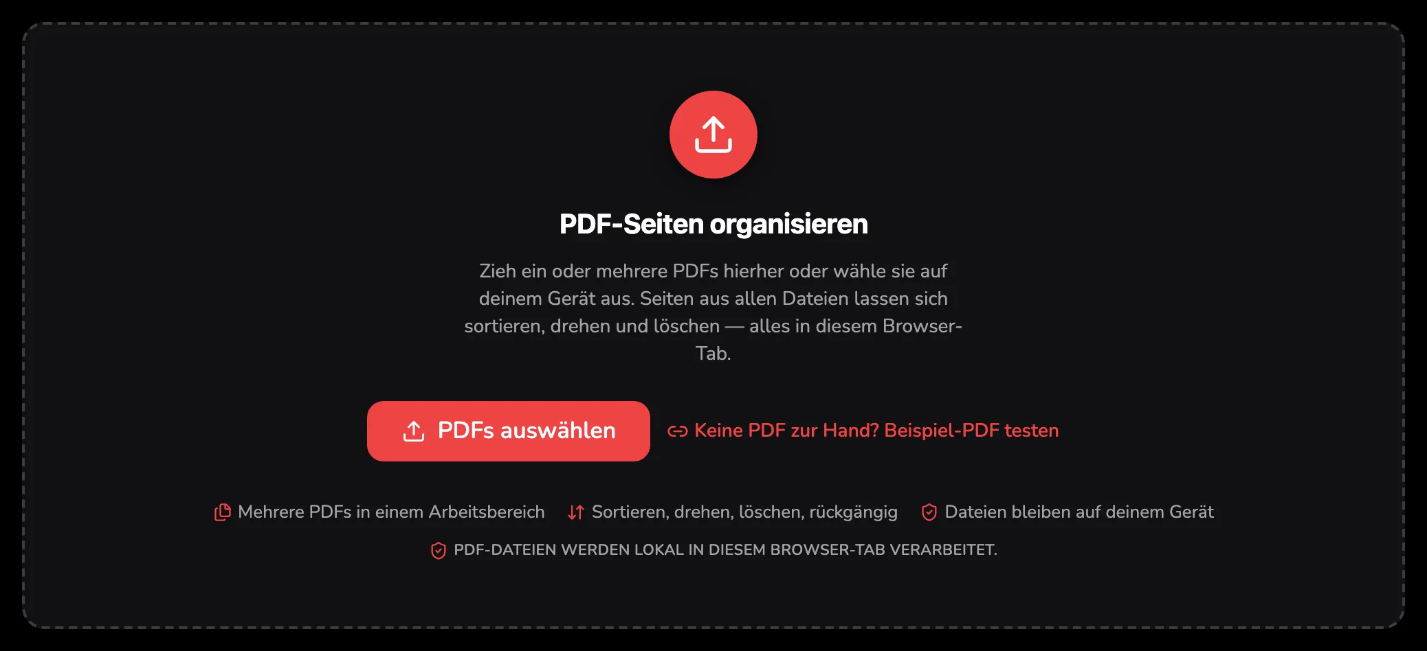 Der Ablagebereich von PDF organisieren, mit Marker 1 auf dem Button PDFs auswählen und Marker 2 auf dem Link zur Beispieldatei daneben.