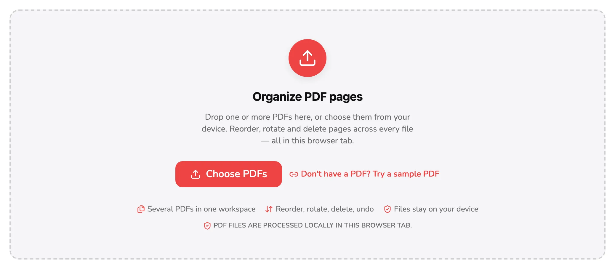 The Organize PDF drop area, with marker 1 on the Choose PDFs button and marker 2 on the sample PDF link beside it.