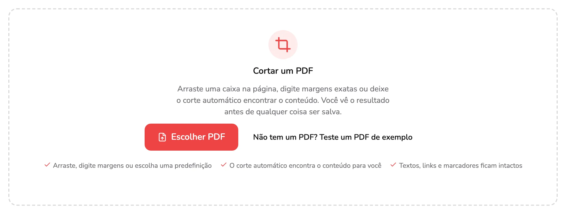 A área para soltar arquivos do Cortar PDF, com o marcador 1 no botão Escolher PDF e o marcador 2 no link do PDF de exemplo ao lado.