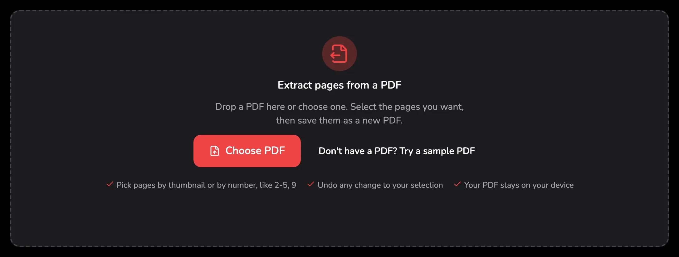 The Extract PDF Pages drop area, with marker 1 on the Choose PDF button and marker 2 on the sample PDF link beside it.