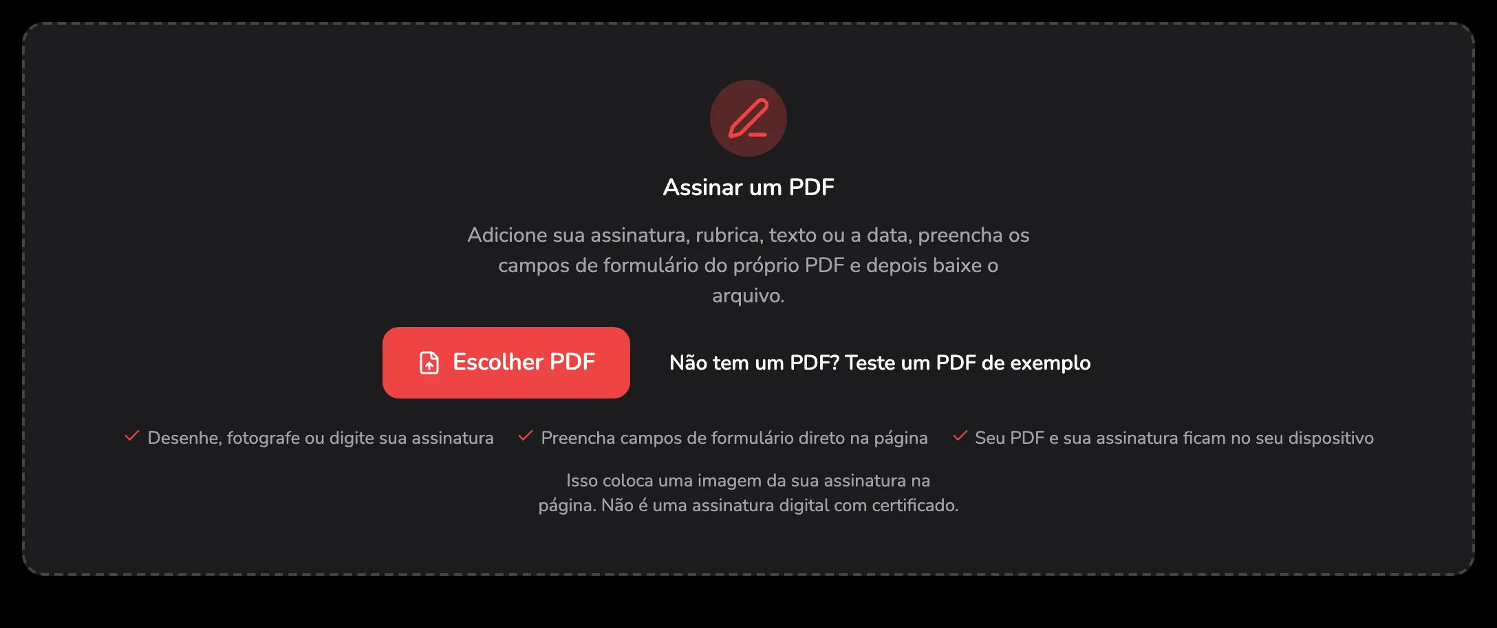 A área para soltar arquivos do Assinar PDF, com o marcador 1 no botão Escolher PDF, o marcador 2 no link do PDF de exemplo ao lado e o marcador 3 na linha que diz que aqui se coloca uma imagem, não um certificado.