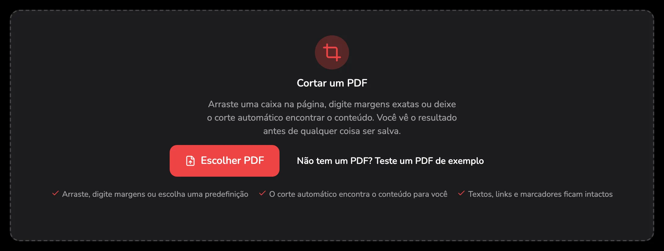 A área para soltar arquivos do Cortar PDF, com o marcador 1 no botão Escolher PDF e o marcador 2 no link do PDF de exemplo ao lado.
