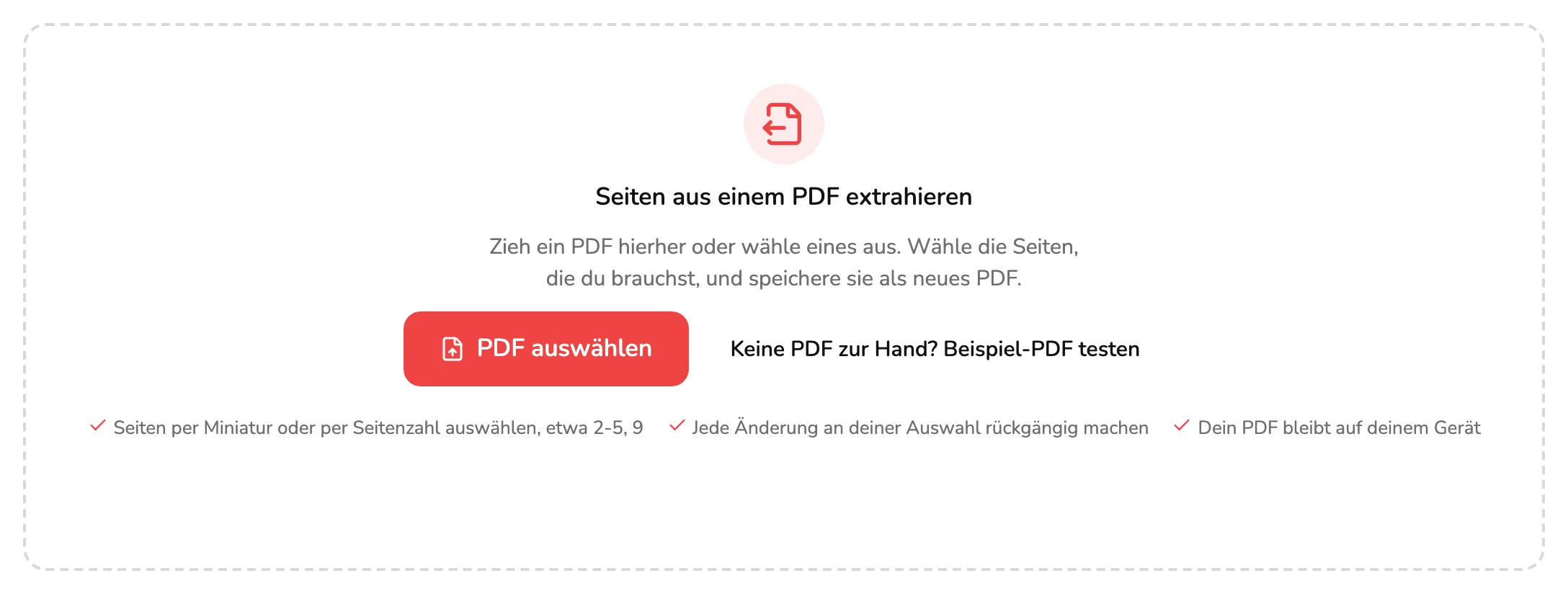 Der Ablagebereich von PDF-Seiten extrahieren, mit Markierung 1 auf der Schaltfläche PDF auswählen und Markierung 2 auf dem Link zum Beispiel-PDF daneben.