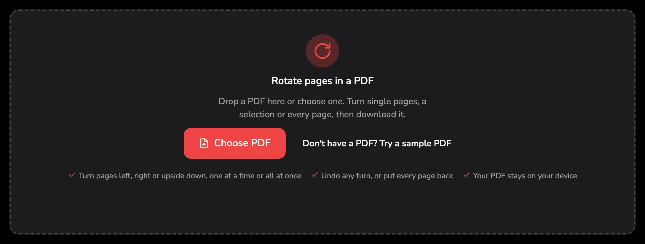 The Rotate PDF drop area, with marker 1 on the Choose PDF button and marker 2 on the sample PDF link beside it.