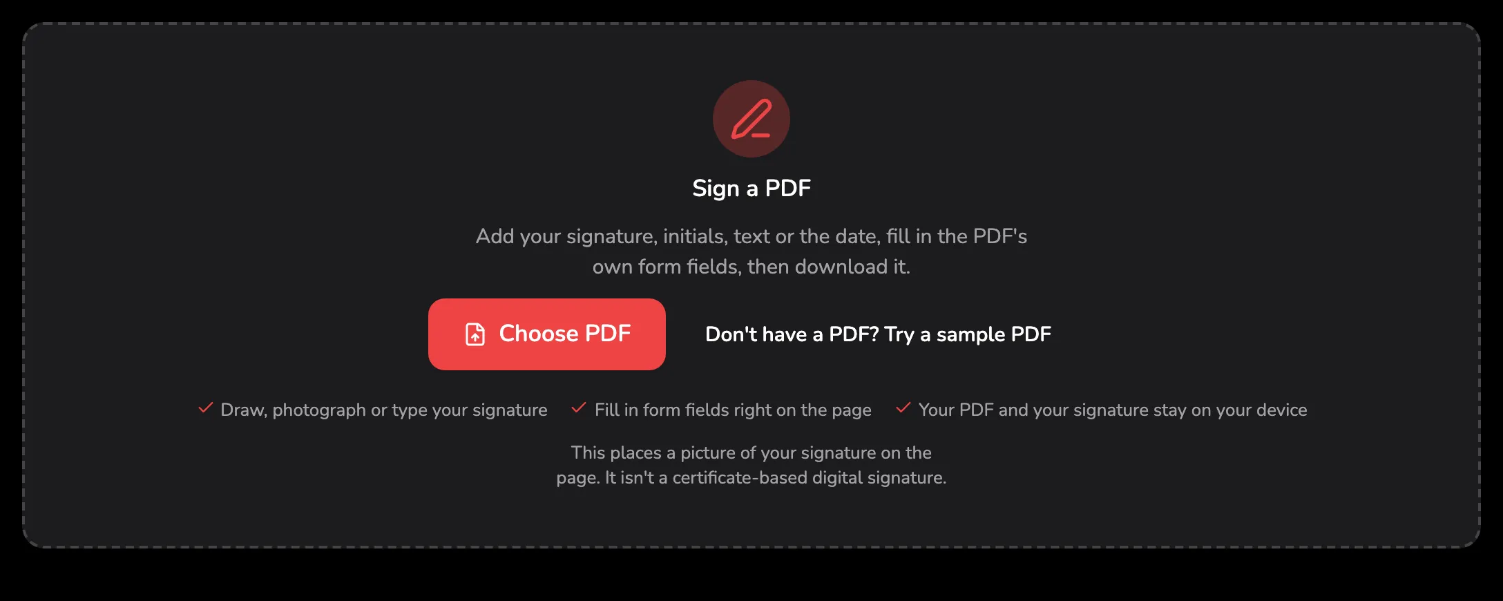 The Sign PDF drop area, with marker 1 on the Choose PDF button, marker 2 on the sample PDF link beside it and marker 3 on the line saying a signature here is a picture, not a certificate.