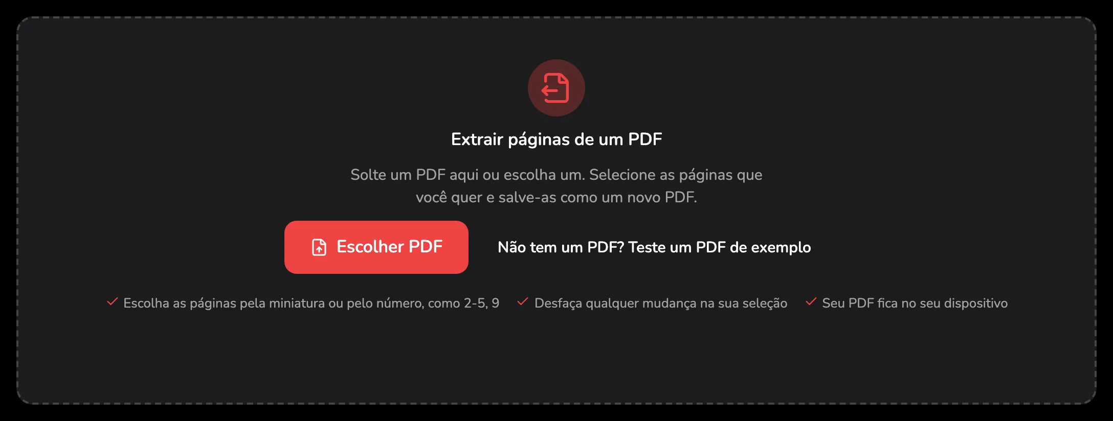 A área para soltar arquivos do Extrair páginas do PDF, com o marcador 1 no botão Escolher PDF e o marcador 2 no link do PDF de exemplo ao lado.