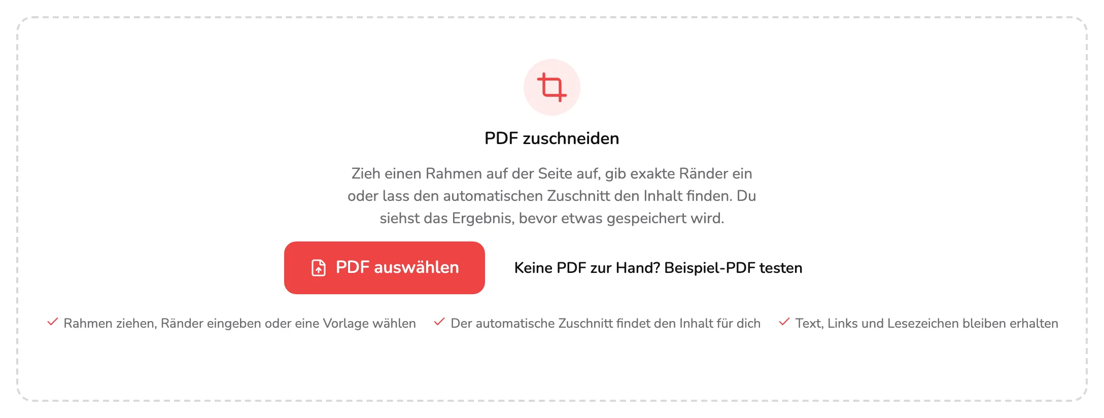 Der Ablagebereich von PDF zuschneiden, mit Markierung 1 auf der Schaltfläche PDF auswählen und Markierung 2 auf dem Beispiel-PDF-Link daneben.