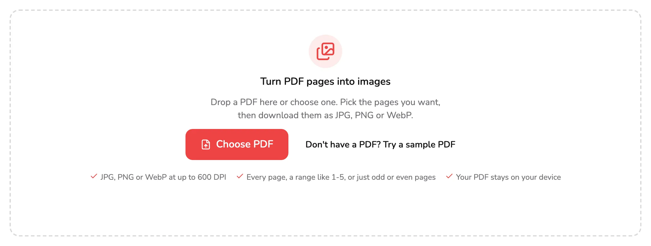 The PDF to Images drop area, with marker 1 on the Choose PDF button and marker 2 on the sample PDF link beside it.