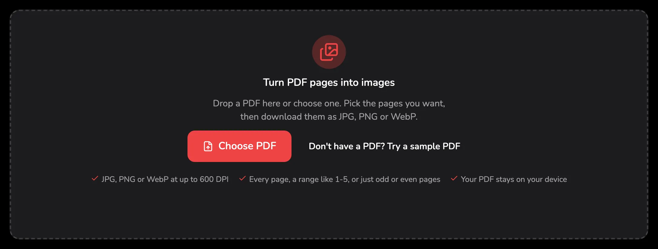 The PDF to Images drop area, with marker 1 on the Choose PDF button and marker 2 on the sample PDF link beside it.