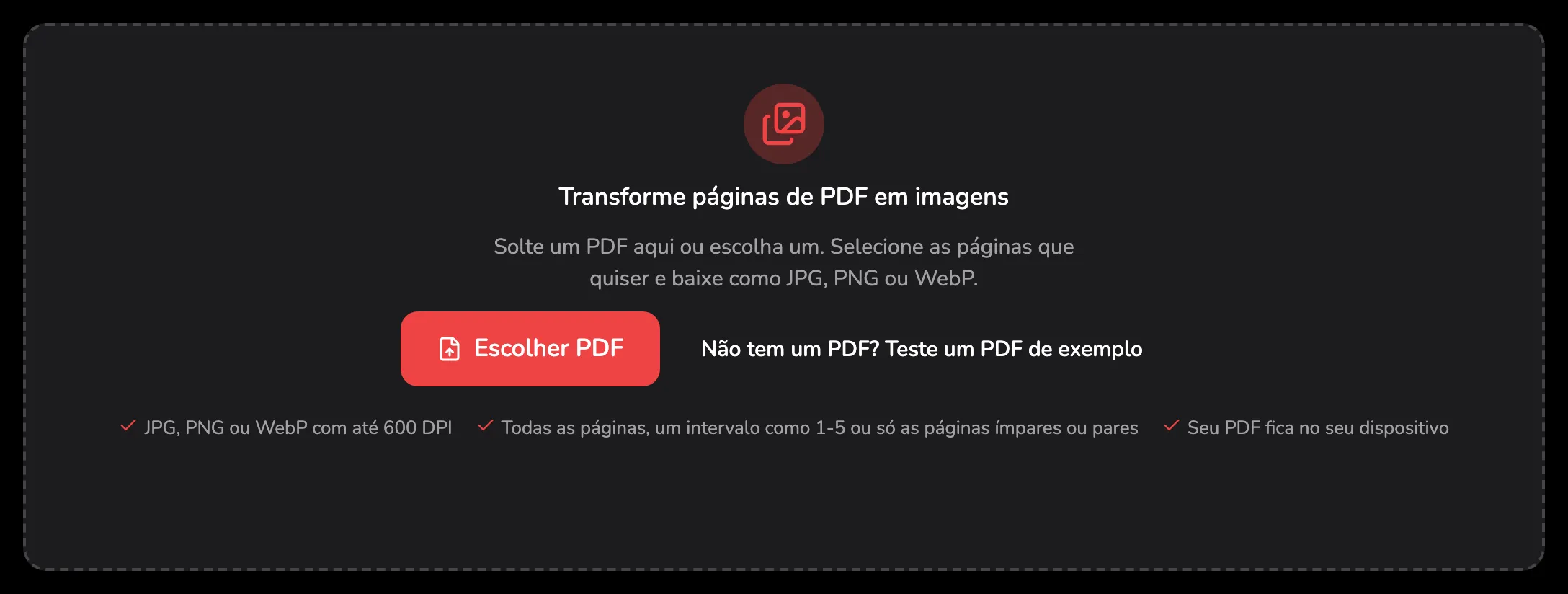 A área para soltar arquivos do PDF para imagens, com o marcador 1 no botão Escolher PDF e o marcador 2 no link do PDF de exemplo ao lado.