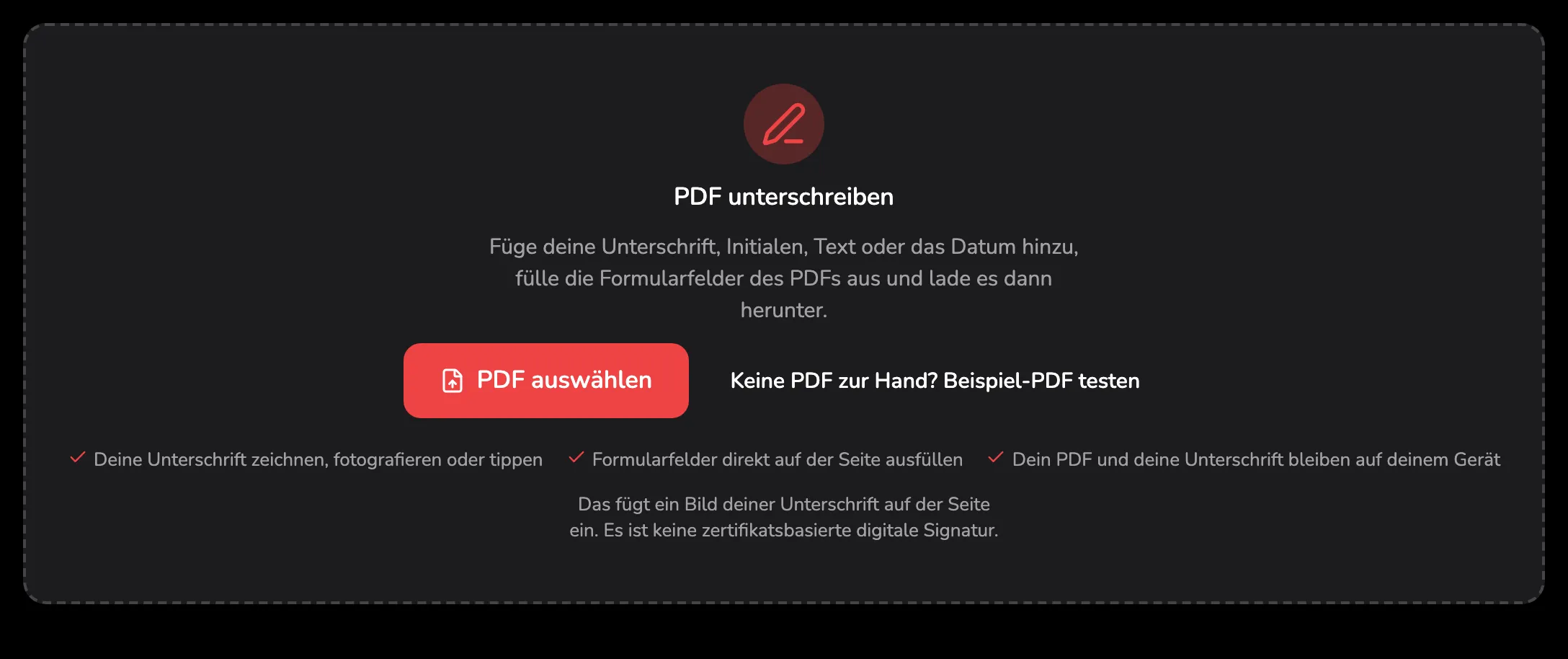 Der Ablagebereich von PDF unterschreiben, mit Markierung 1 auf der Schaltfläche PDF auswählen, Markierung 2 auf dem Link zum Beispiel-PDF daneben und Markierung 3 auf der Zeile, die sagt, dass hier ein Bild und kein Zertifikat eingefügt wird.