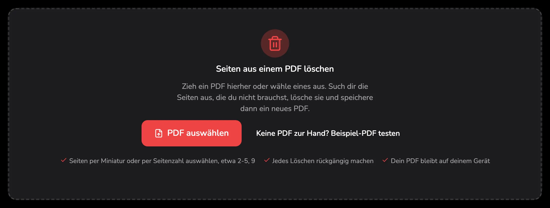 Der Ablagebereich von PDF-Seiten löschen, mit Markierung 1 auf der Schaltfläche PDF auswählen und Markierung 2 auf dem Link zum Beispiel-PDF daneben.