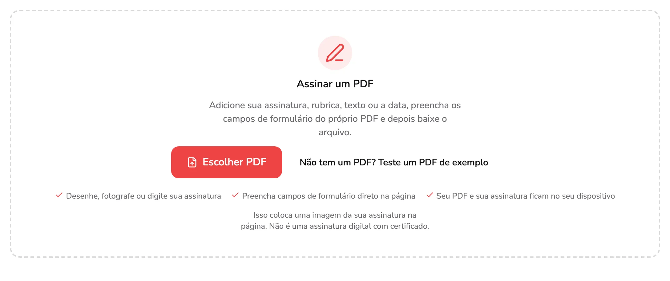 A área para soltar arquivos do Assinar PDF, com o marcador 1 no botão Escolher PDF, o marcador 2 no link do PDF de exemplo ao lado e o marcador 3 na linha que diz que aqui se coloca uma imagem, não um certificado.
