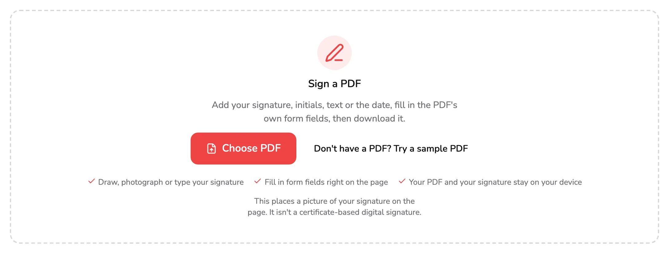 The Sign PDF drop area, with marker 1 on the Choose PDF button, marker 2 on the sample PDF link beside it and marker 3 on the line saying a signature here is a picture, not a certificate.