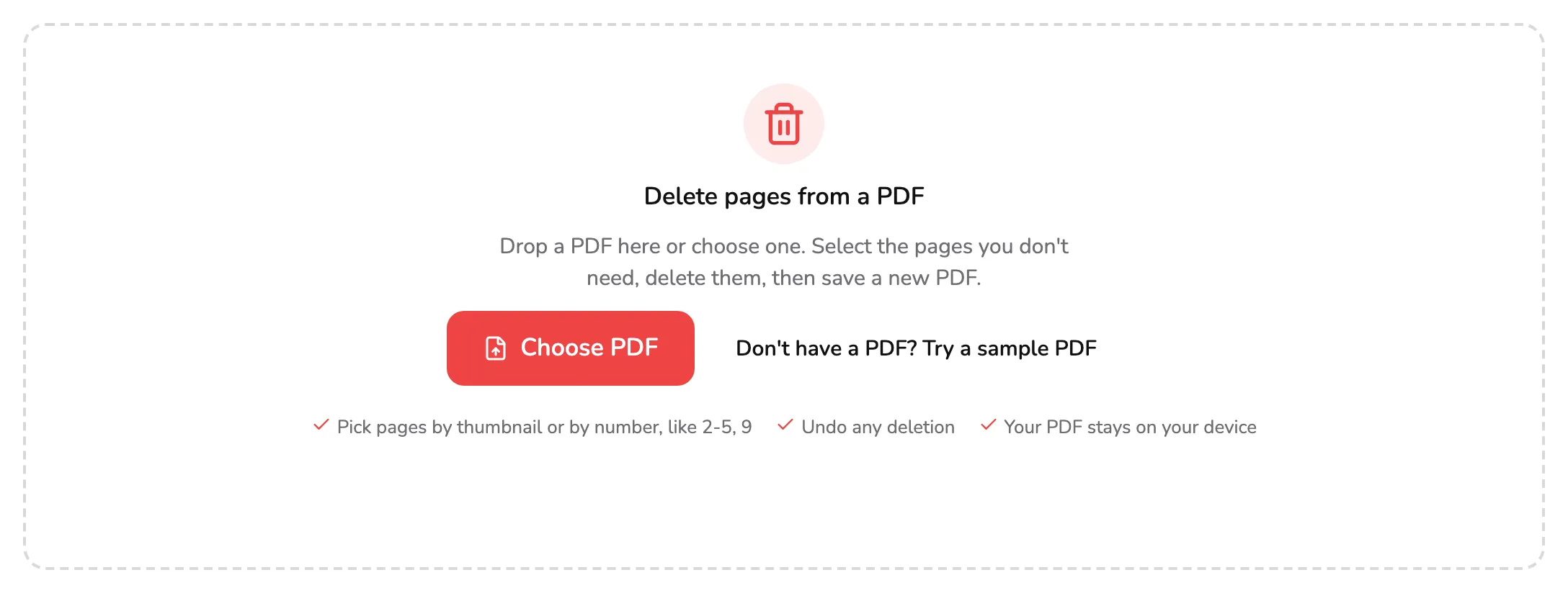 The Delete PDF Pages drop area, with marker 1 on the Choose PDF button and marker 2 on the sample PDF link beside it.