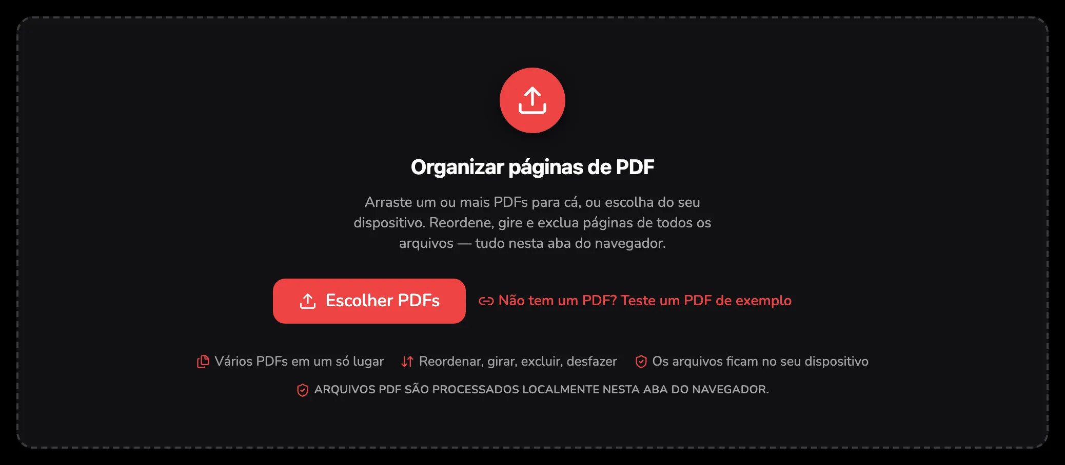 A área de soltar do Organizar PDF, com o marcador 1 no botão Escolher PDFs e o marcador 2 no link do PDF de exemplo ao lado.