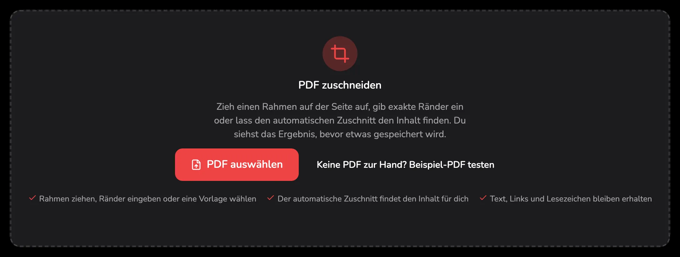 Der Ablagebereich von PDF zuschneiden, mit Markierung 1 auf der Schaltfläche PDF auswählen und Markierung 2 auf dem Beispiel-PDF-Link daneben.
