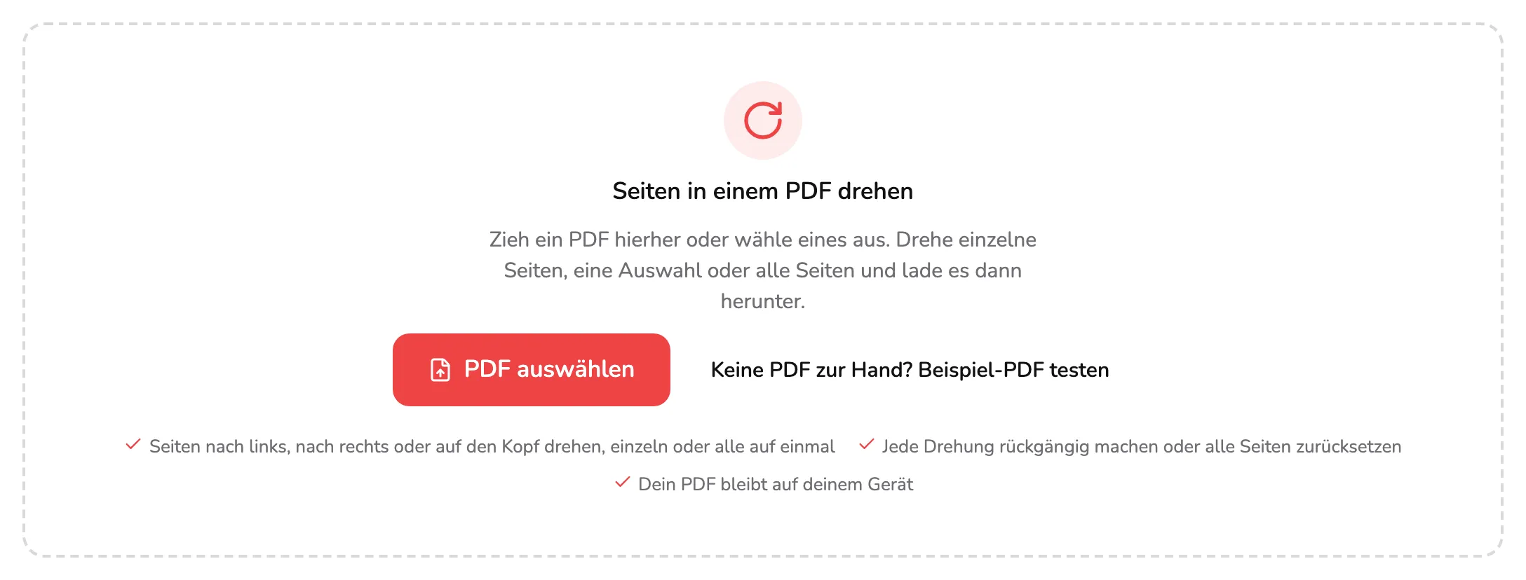 Der Ablagebereich von PDF drehen, mit Markierung 1 auf der Schaltfläche PDF auswählen und Markierung 2 auf dem Link zum Beispiel-PDF daneben.