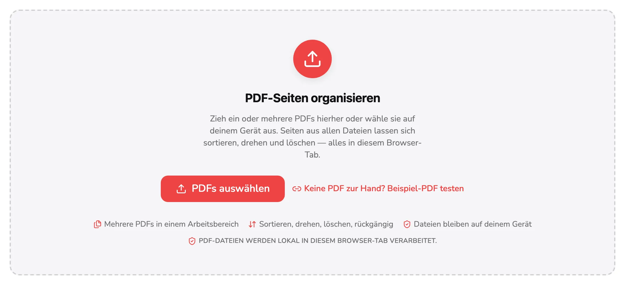 Der Ablagebereich von PDF organisieren, mit Marker 1 auf dem Button PDFs auswählen und Marker 2 auf dem Link zur Beispieldatei daneben.