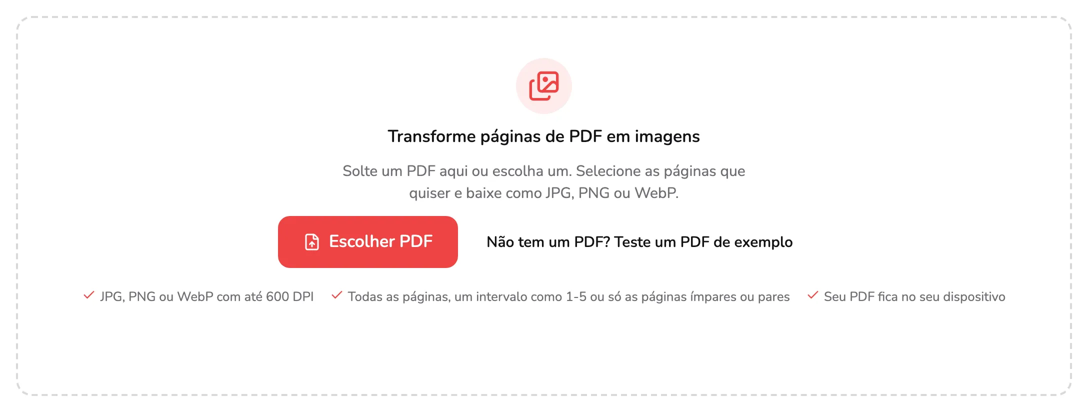 A área para soltar arquivos do PDF para imagens, com o marcador 1 no botão Escolher PDF e o marcador 2 no link do PDF de exemplo ao lado.