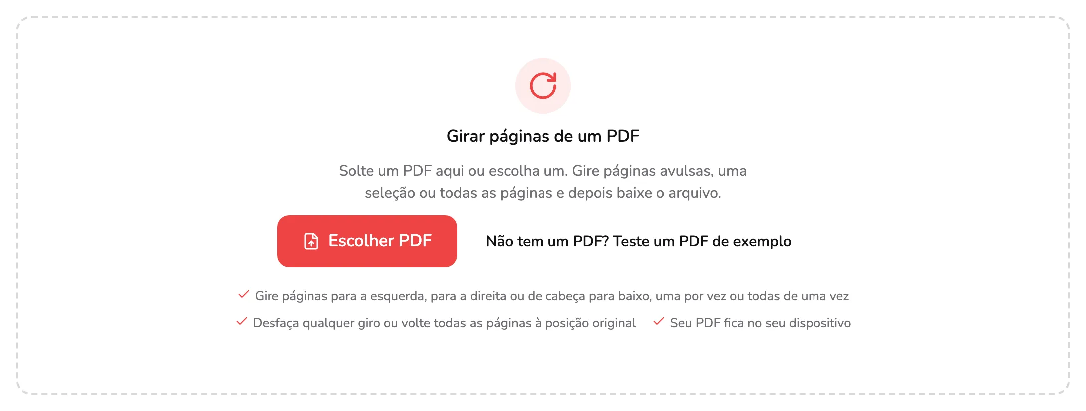 A área para soltar arquivos do Girar PDF, com o marcador 1 no botão Escolher PDF e o marcador 2 no link do PDF de exemplo ao lado.