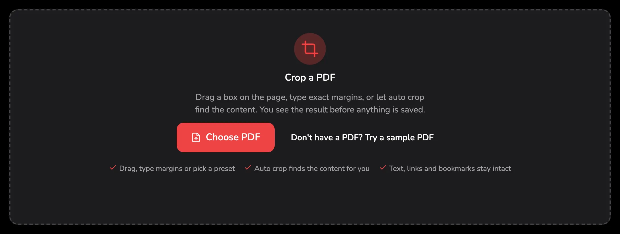 The Crop PDF drop area, with marker 1 on the Choose PDF button and marker 2 on the sample PDF link beside it.