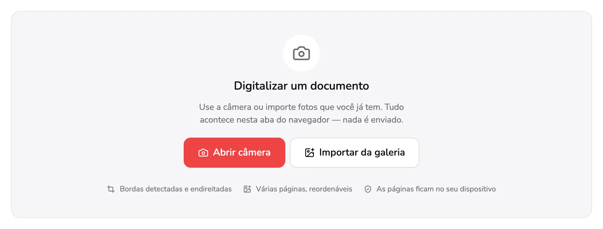 A tela inicial do Digitalizar um documento. O marcador 1 fica em Abrir câmera e o marcador 2 em Importar da galeria.