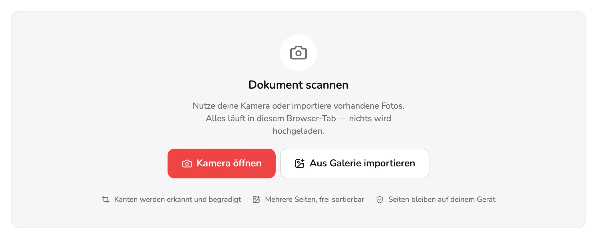 Der Startbildschirm von Dokument scannen. Markierung 1 liegt auf Kamera öffnen, Markierung 2 auf Aus Galerie importieren.