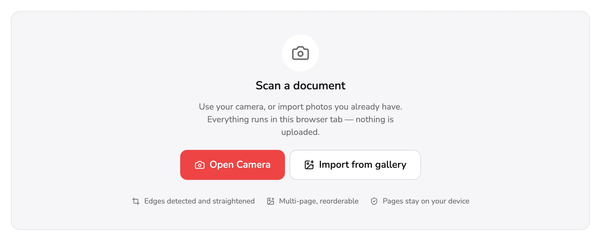 The Scan Document start screen. Marker 1 is on Open Camera and marker 2 is on Import from gallery.