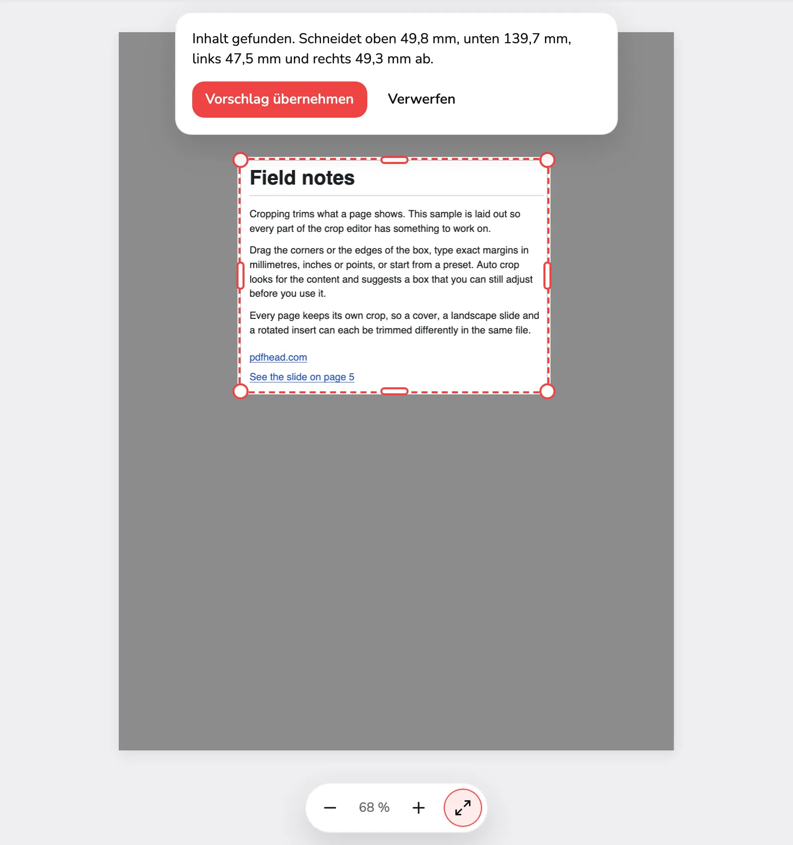 Seite 1 des Beispiels mit einem gestrichelten Vorschlag um ihren Text, Markierung 1, unter einer Karte mit den vier Beschnitten, mit Vorschlag übernehmen als Markierung 2 und Verwerfen als 3.