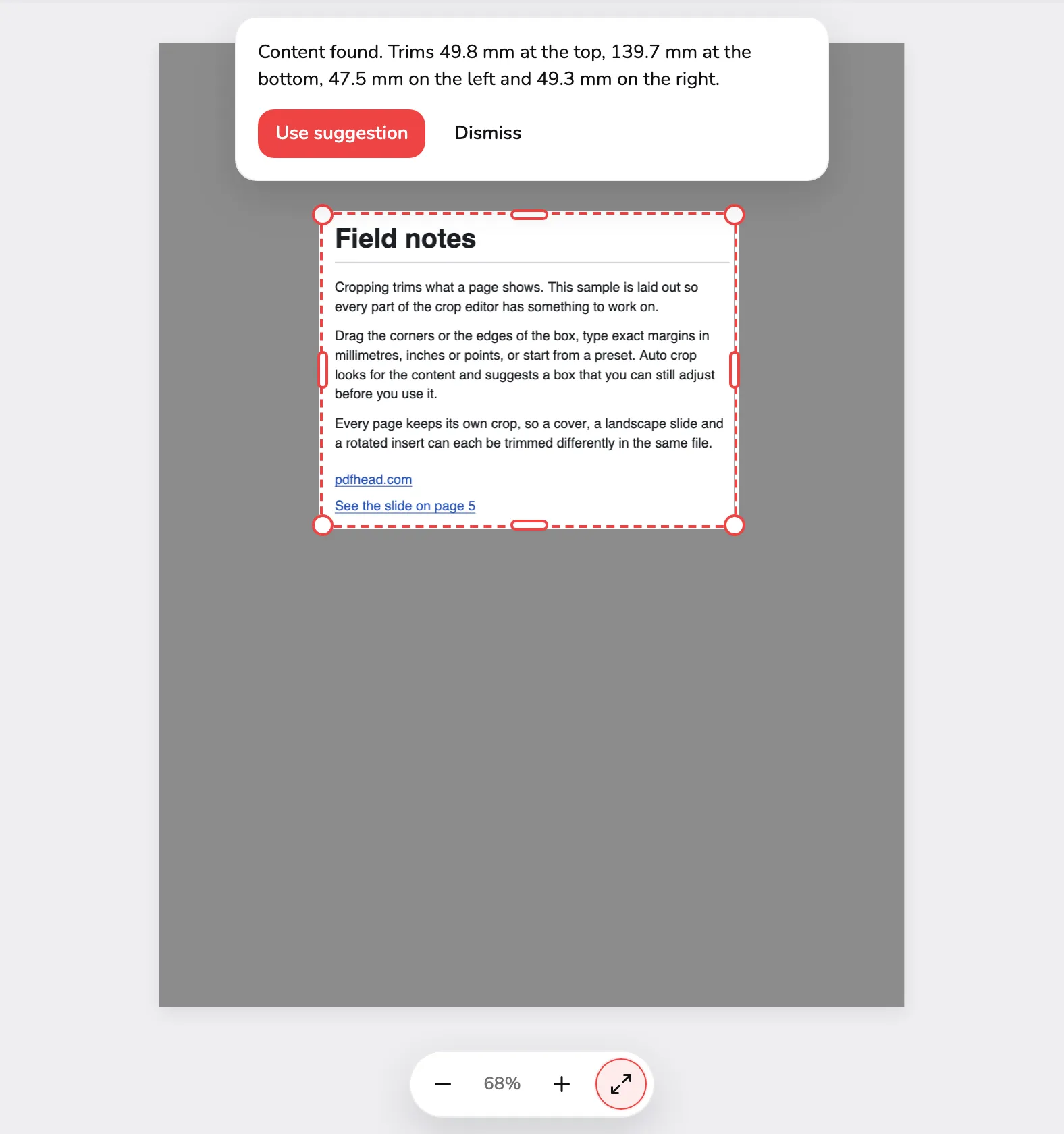 Page 1 of the sample with a dashed suggestion box around its text, marked 1, under a card listing the four trims, with Use suggestion marked 2 and Dismiss marked 3.