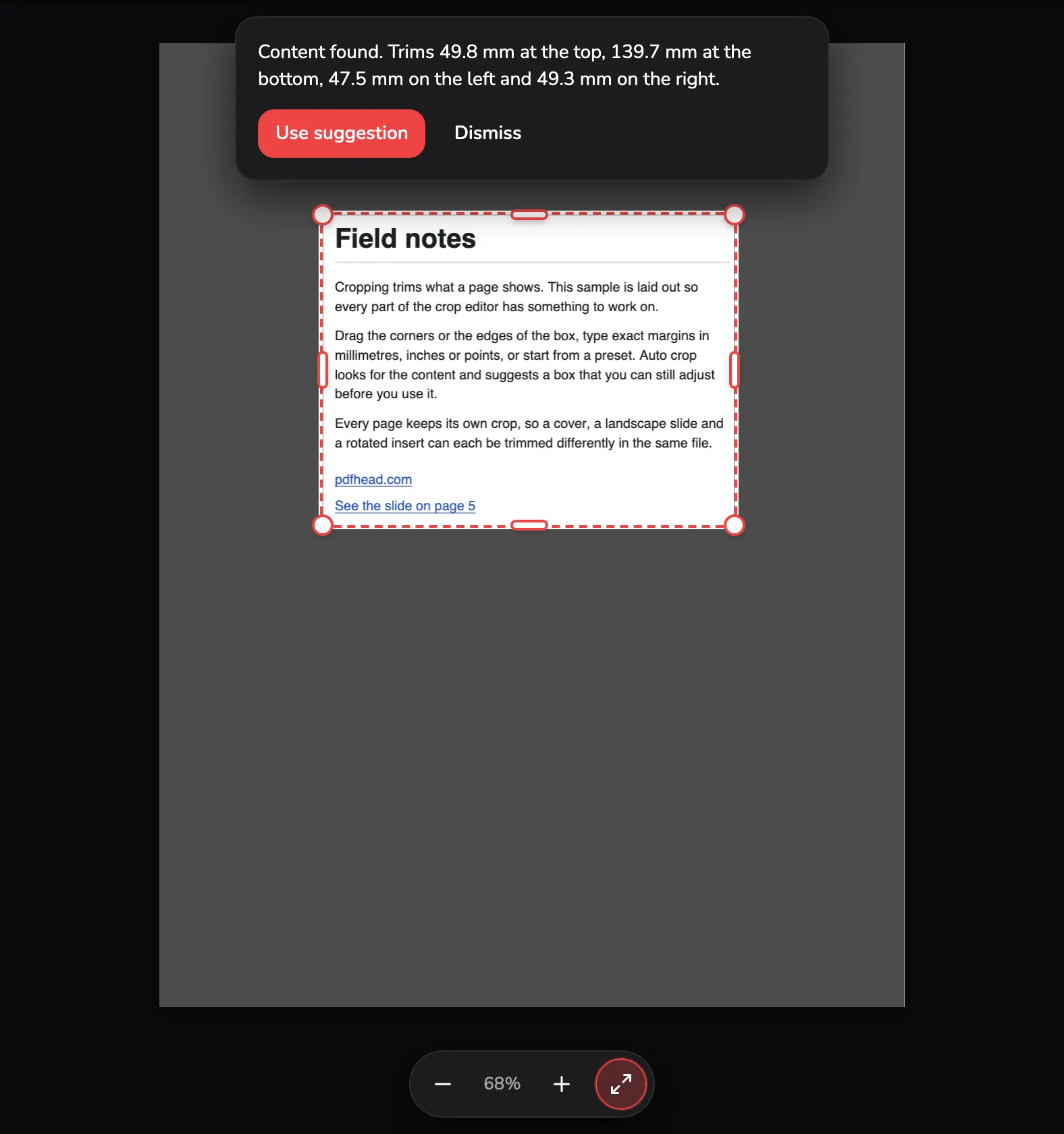 Page 1 of the sample with a dashed suggestion box around its text, marked 1, under a card listing the four trims, with Use suggestion marked 2 and Dismiss marked 3.