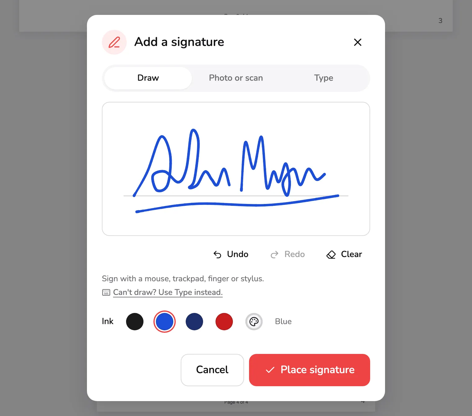 The Add a signature dialog on its Draw tab: the three tabs marked 1, a blue signature on the drawing pad marked 2, the ink colours marked 3 and the Place signature button marked 4.