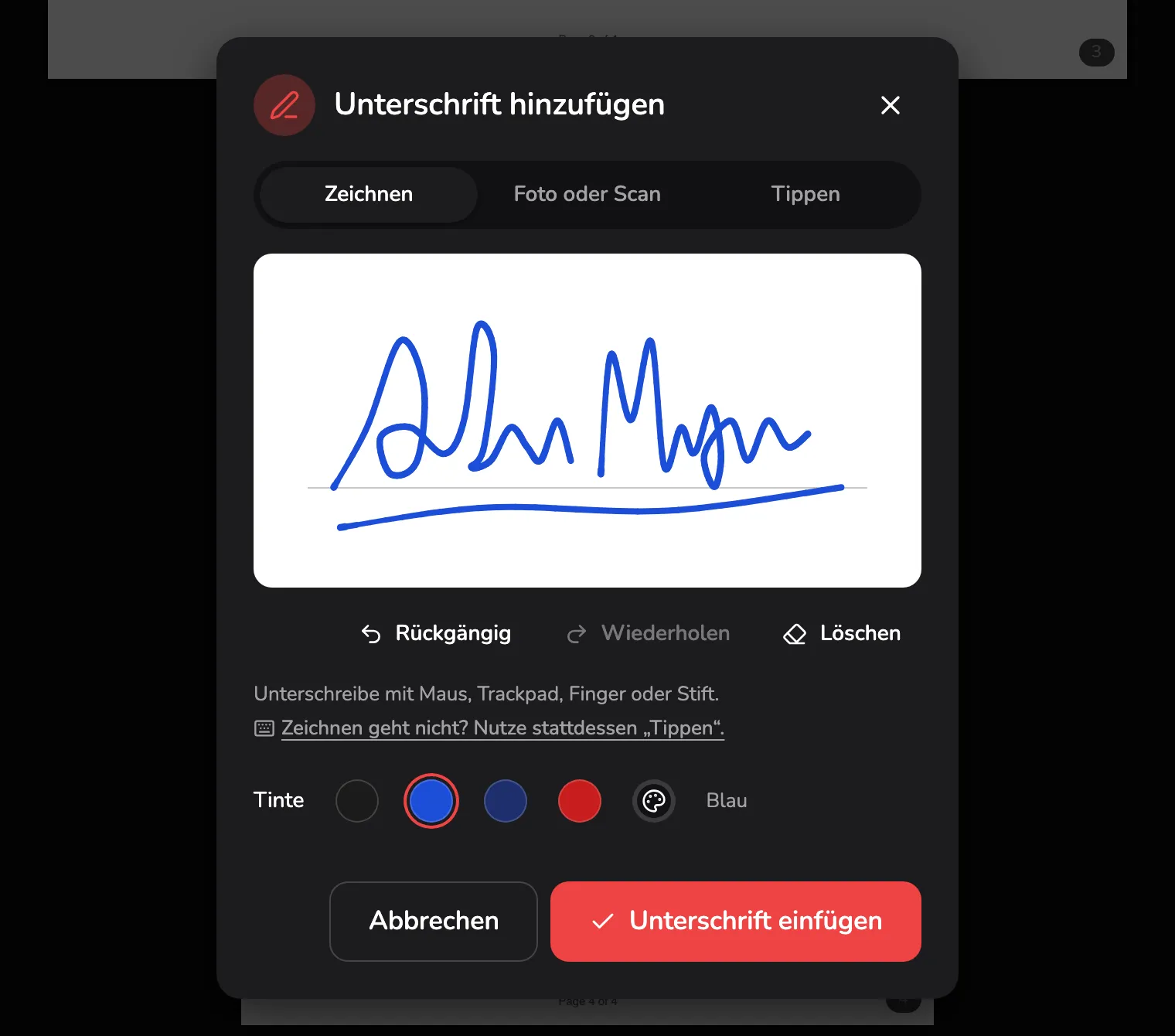 Der Dialog Unterschrift hinzufügen auf dem Tab Zeichnen: die drei Tabs bei Markierung 1, eine blaue Unterschrift auf der Zeichenfläche bei Markierung 2, die Tintenfarben bei Markierung 3 und die Schaltfläche Unterschrift einfügen bei Markierung 4.
