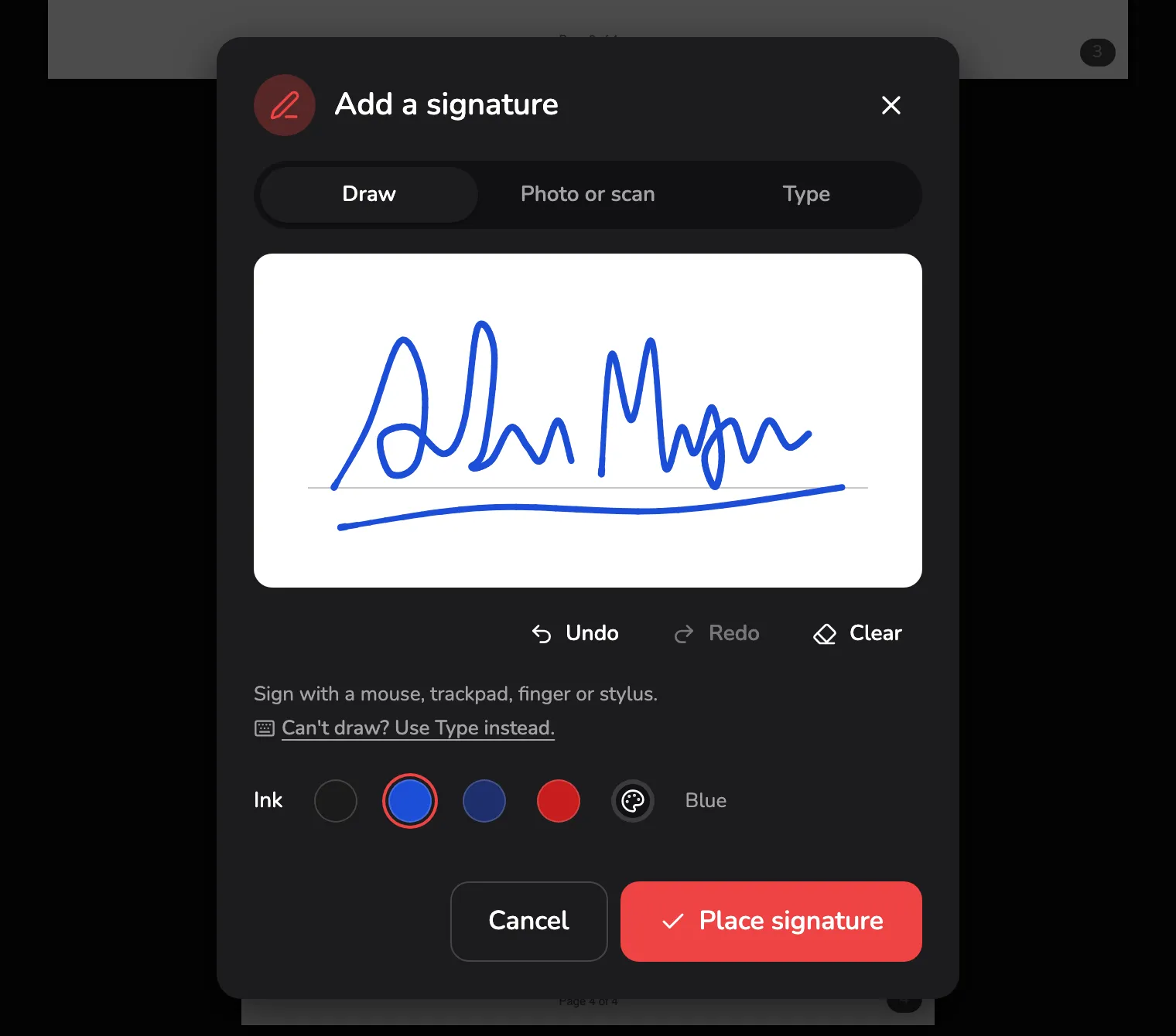 The Add a signature dialog on its Draw tab: the three tabs marked 1, a blue signature on the drawing pad marked 2, the ink colours marked 3 and the Place signature button marked 4.