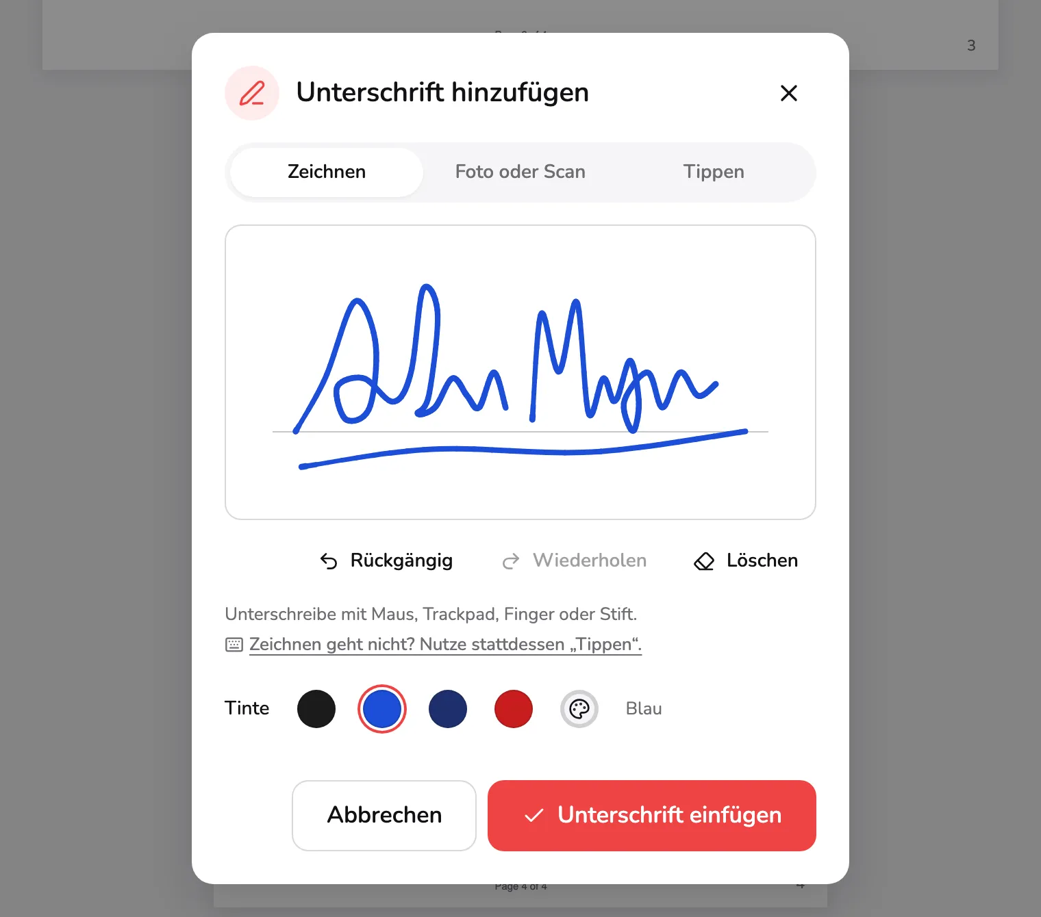 Der Dialog Unterschrift hinzufügen auf dem Tab Zeichnen: die drei Tabs bei Markierung 1, eine blaue Unterschrift auf der Zeichenfläche bei Markierung 2, die Tintenfarben bei Markierung 3 und die Schaltfläche Unterschrift einfügen bei Markierung 4.