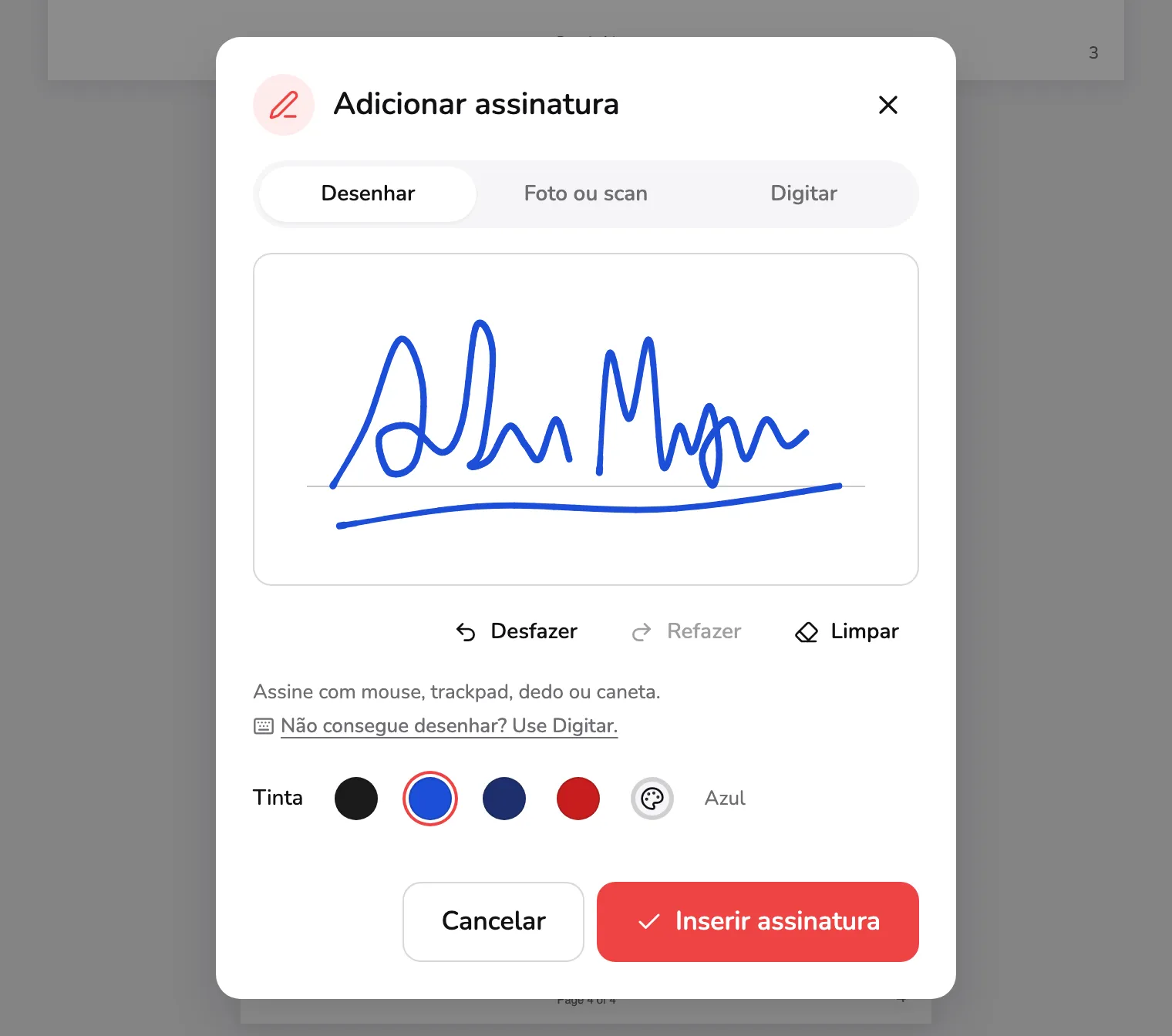 O diálogo Adicionar assinatura na aba Desenhar: as três abas no marcador 1, uma assinatura azul na área de desenho no marcador 2, as cores de tinta no marcador 3 e o botão Inserir assinatura no marcador 4.