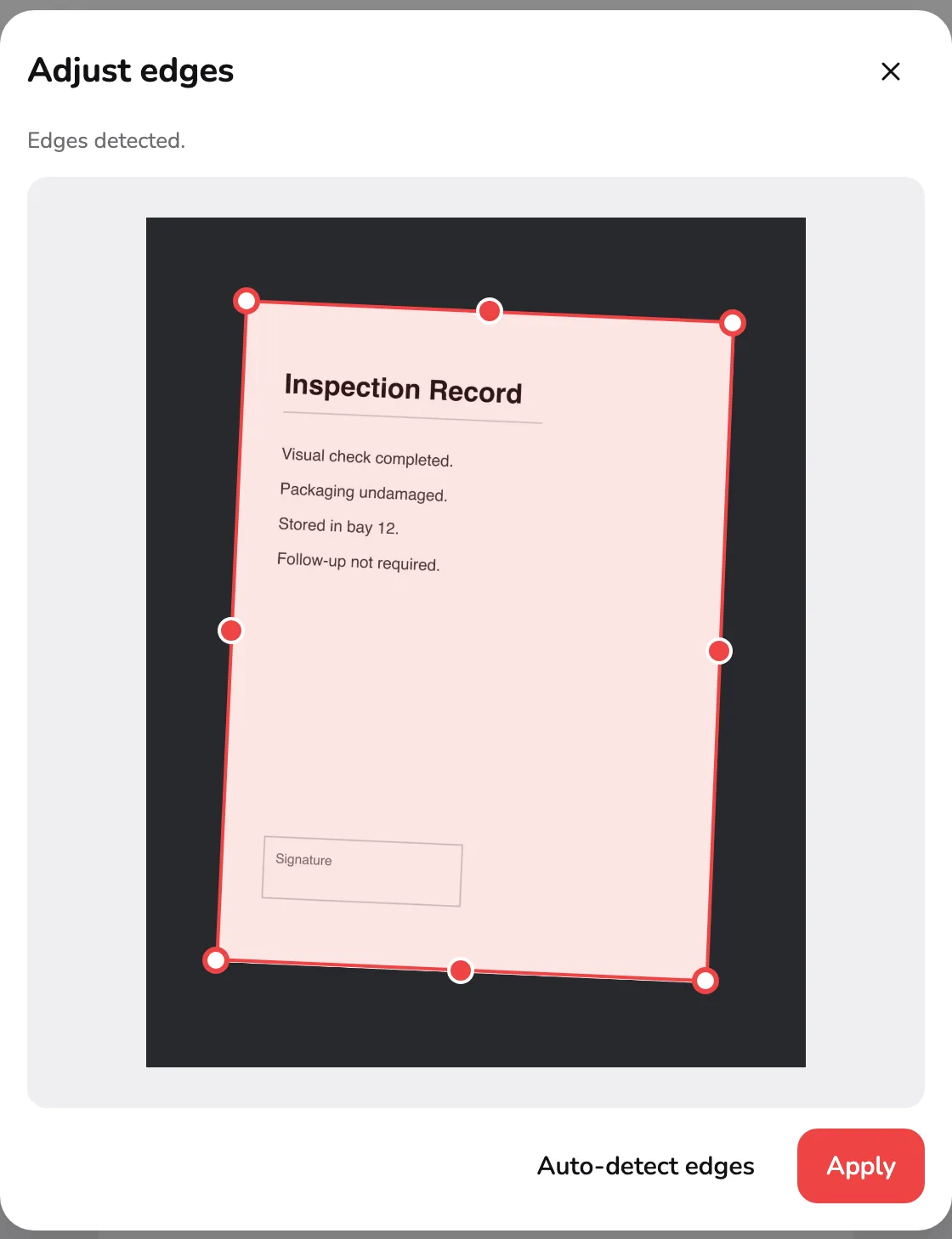 The Adjust edges dialog over a photographed page, with the detected outline and its handles. Marker 1 is on a corner handle and marker 2 is on the detection message.