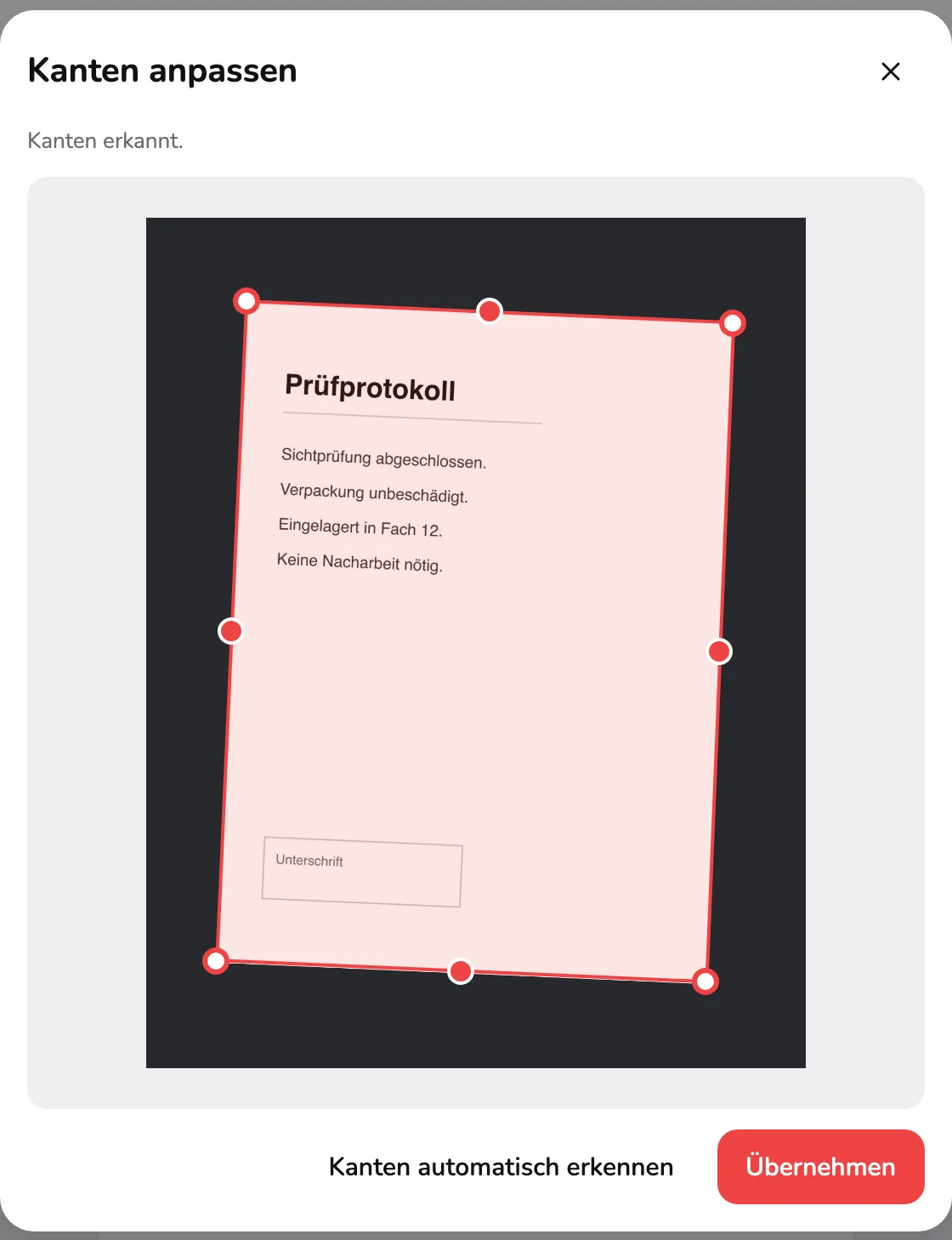 Der Dialog Kanten anpassen über einem abfotografierten Blatt, mit erkannter Kontur und Griffen. Markierung 1 liegt auf einem Eckgriff, Markierung 2 auf der Meldung zur Erkennung.