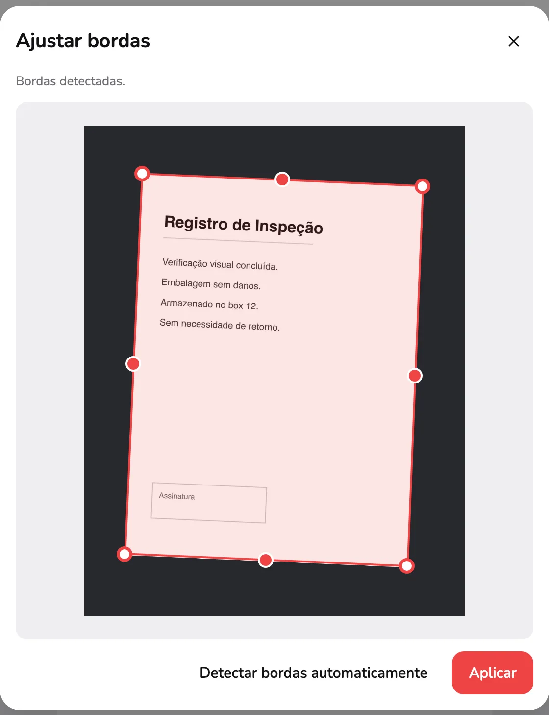 O diálogo Ajustar bordas sobre uma página fotografada, com o contorno detectado e suas alças. O marcador 1 fica em uma alça de canto e o marcador 2 na mensagem de detecção.