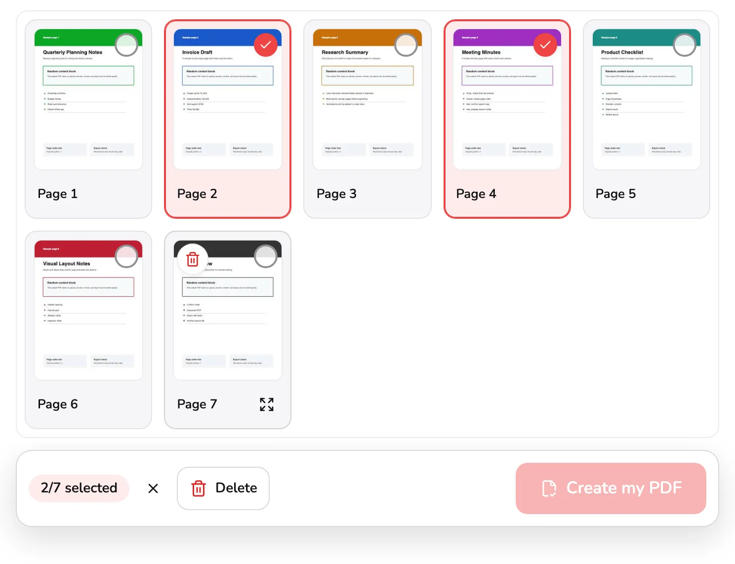 The seven-page grid with pages 2 and 4 selected: marker 1 on page 2's filled check, marker 2 on page 7's own Delete button and marker 3 on its Open button, and under the grid the count 2/7 selected, marker 4, and Delete, marker 5.