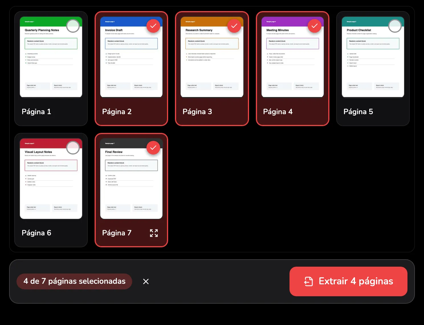 A grade de sete páginas com as páginas 2, 3, 4 e 7 selecionadas: o marcador 1 no visto preenchido da página 2, o marcador 2 no botão Abrir da página 7 e, abaixo da grade, a contagem 4 de 7 páginas selecionadas, marcador 3, e Extrair 4 páginas, marcador 4.