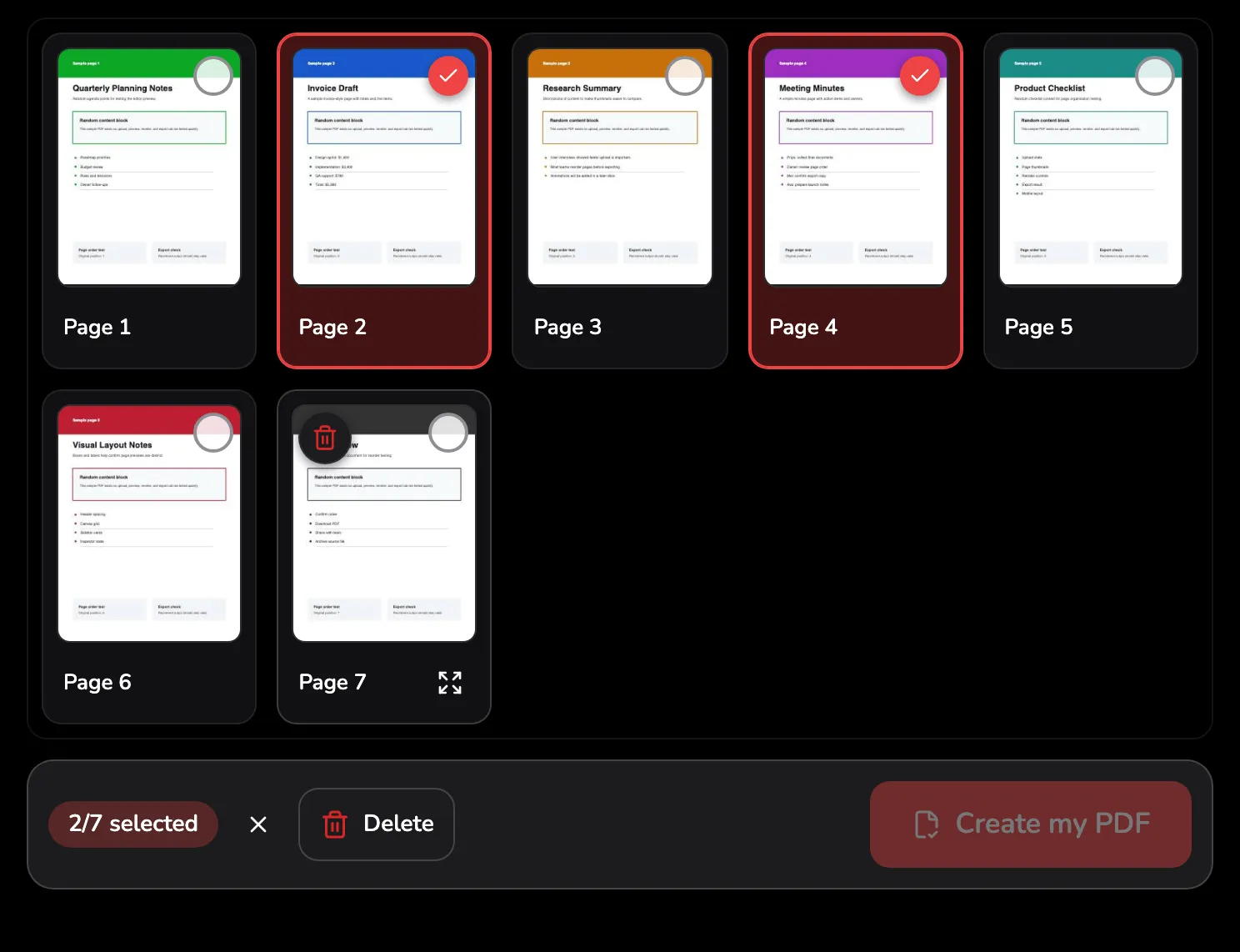 The seven-page grid with pages 2 and 4 selected: marker 1 on page 2's filled check, marker 2 on page 7's own Delete button and marker 3 on its Open button, and under the grid the count 2/7 selected, marker 4, and Delete, marker 5.