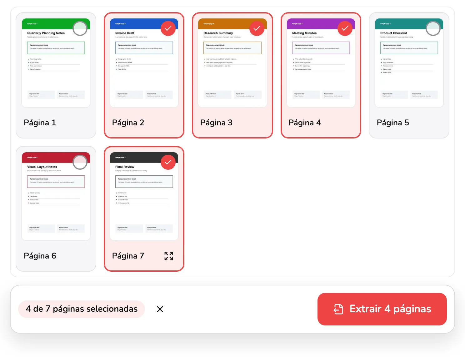 A grade de sete páginas com as páginas 2, 3, 4 e 7 selecionadas: o marcador 1 no visto preenchido da página 2, o marcador 2 no botão Abrir da página 7 e, abaixo da grade, a contagem 4 de 7 páginas selecionadas, marcador 3, e Extrair 4 páginas, marcador 4.